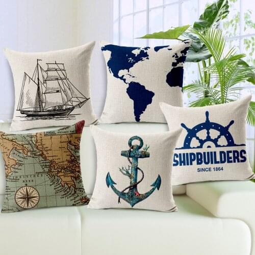 Anchor pillow cover, Navigation mark cartoon Rudder Anchor world map Sailing throw pillow case pillowcase wholesale