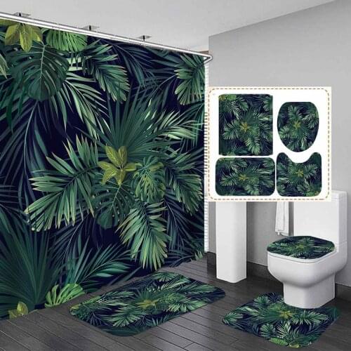 Green Tropical Plant Leaves Printed Curtain For Bathroom Shower Anti-slip Bath Mat Sets Toilet Cover Kitchen Carpet