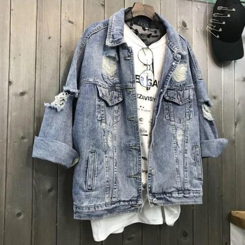 Women 2021 Ripped Denim Jacket Female Spring Autumn Plus Size Loose Student Korean Version Of The Bf Wind Beggar Coat Trend A111