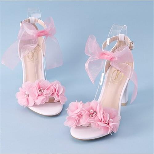Women Sandals Floral Wedding Shoes Sandals Lace Bow Tie Pumps 7cm High Heels Bride Shoes Pearl Ladies Ankle Straps Plus Siz