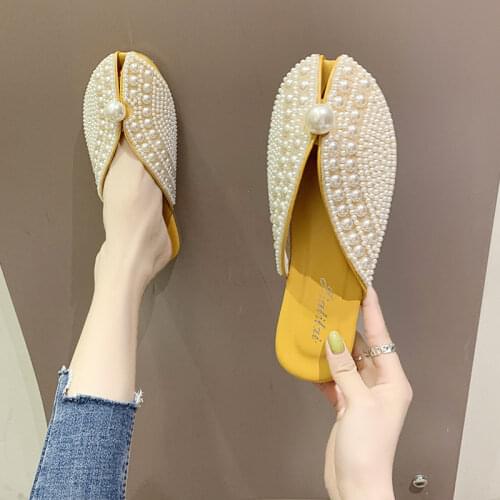 Cover Toe Shoes Mules for Women 2021 String Bead Slippers Summer Slides Pantofle Fashion Low Flat New Luxury Rubber PU Retro