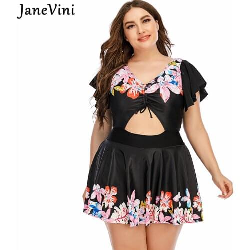 JaneVini Black Plus Size Swimwear Women One Piece with Skirt Floral Print Beachwear Fat Ladies Swimsuit Bathing Suits Bandage