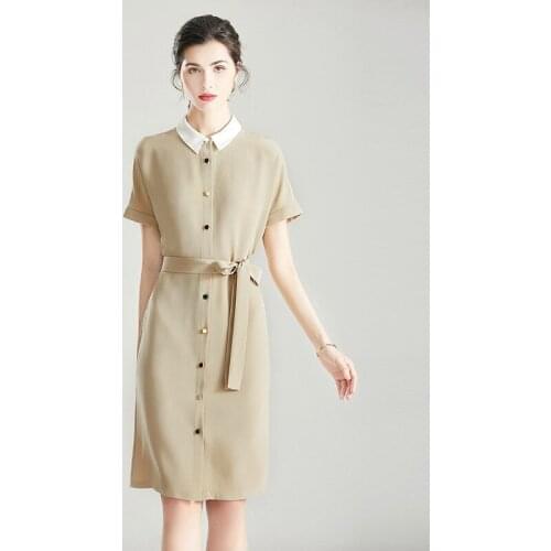 Acetic acid dress womens summer 2020 new slim over knee loose large tri acetic acid satin silk shirt dress