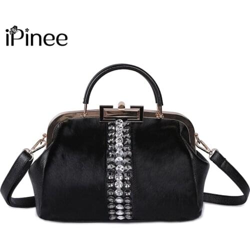 IPinee Winter Warm Horse Hair Woman Messenger Fur Bag Leather Tote Tassel Rhinestone Metal Frame Crossbody Shoulder Handbag 2019