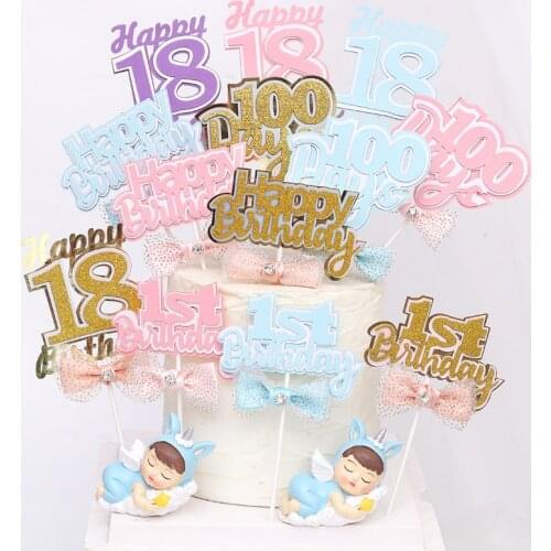 1 Year 100 Days 18 Years Bow Paper Cake Topper Child Kids Birthday Decoration Party Supplies Baby Shower Adult Ceremony