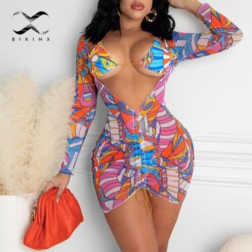 2021 Brazilian print cover-ups Long sleeve mesh swimsuit womens swimming suit Triangel micro bikini top Sexy bathing suit New