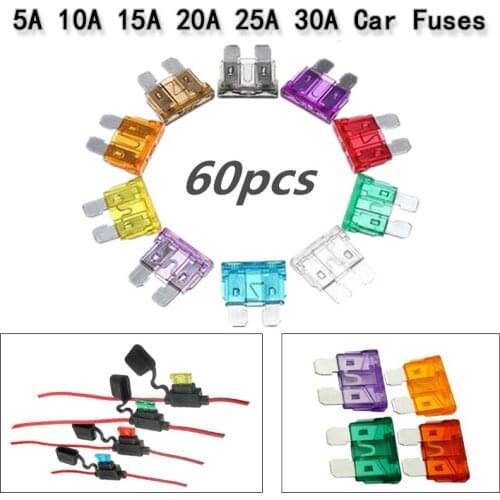 60 Pcs Car Fuses 5A 10A 15A 20A 25A 30A Car Accessories Fuses Standard Insert Blade Fuses Automotive Xenon Lights Fuses For Car