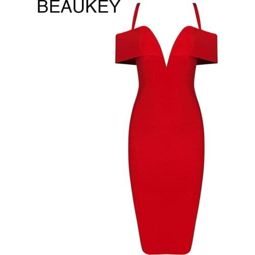 BEAUKEY Red Bandage Dress V Neck Spaghetti Strap Off Shoulder High Quality Rayon Bodycon Bandage Dress Party Club Women Vestidos