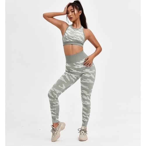 Seamless Slim Yoga Sets Women Camouflage Running Fitness Sportwear Crop Tops Gym Bra High Waist Leggings Tight Sport Suit Femme