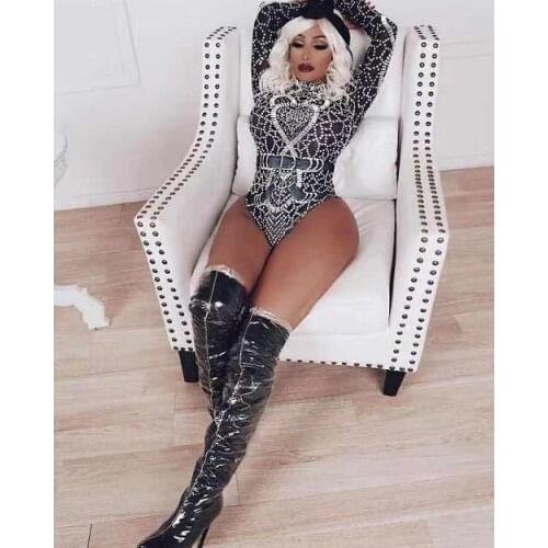 Sparkly Crystals Black Bodysuit Women Nightclub Show Stage Performance Outfit Sexy One Piece Dance Costume Long Sleeve Playsuits