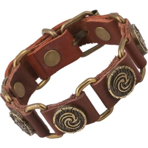 Vintage Fashion Men Bracelet Belt Punk Alloy Whirlwind Charm Genuine Leather Link Chain Wristband Bangle for Women Retro Jewelry