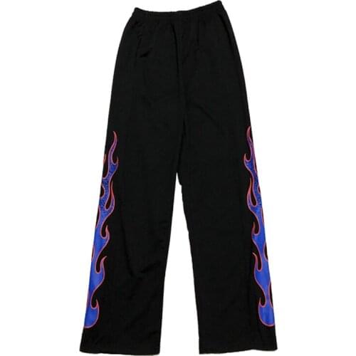 New Pants Women Streetwear Pants Harajuku Blue Flame Print Pants Loose High Waist Wide Leg Pants Vintage Man Pants Casual Pants