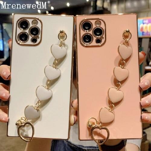 Luxury Plating Heart Wrist Chain Bracelet Phone Case For iPhone 11 12 Pro XR XS Max SE2 7 8 Plus Candy Color Square Bumper Cover