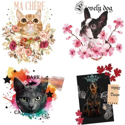 Flower Dog and Cat Patches Cute Animals Iron-on Transfer For Clothing Patches Washable Thermal Sticker On Clothes Applique Decor