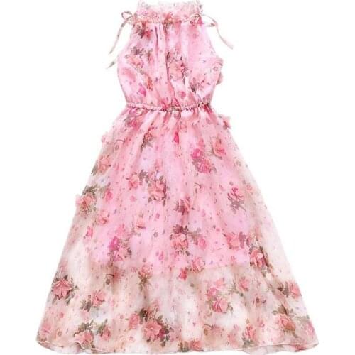 DFXD New Fashion Teens Girls Bohemian Summer Flower Print Dress 2018 Top Quality Beach Chiffon Princess Dress 5-14Years