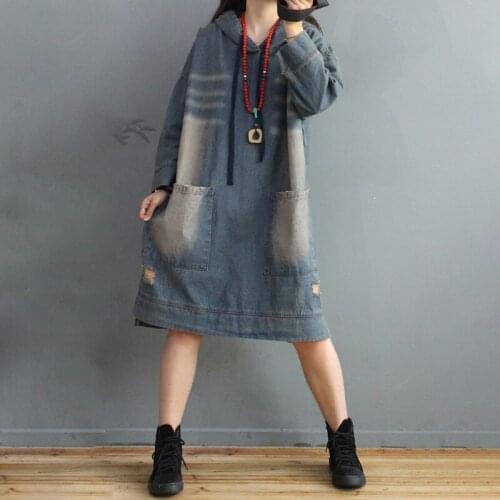 Spring Autumn Women Dresses Casual Retro Hooded Jean Dress V-Neck Long Sleeve Slim Denim Dress Pockets Vestidos Women Clothing