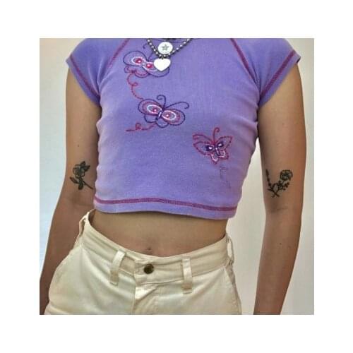 E-Girl Aesthetics Butterfly Embroidery Baby Tees Y2K Streetwear O-neck Short Sleeve Purple T-shirts Kawaii Crop Tops 90s