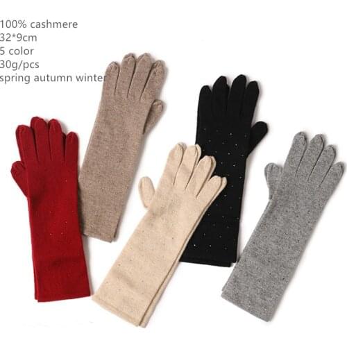 Naizaiga 100% cashmere Long Cashmere Knitted Rhinestone Solid Color Five-finger Warm Everyday Long Gloves SN605