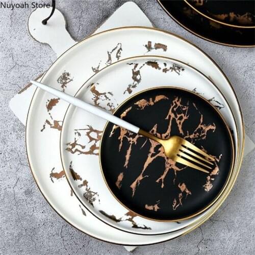 Nordic Ceramic Marbled 10-inch Tray Golden Plate High-end Western Plate 8-inch Steak Plate Home Living Room Dining Table Tray