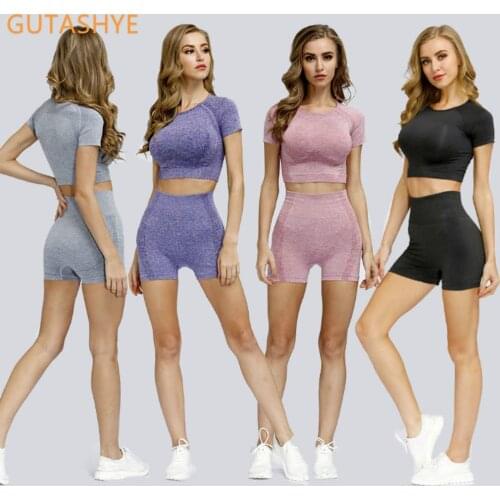 Vital Seamless Gym Set Workout Clothes Women Short Sleeve Crop Tops Fitness Shorts Sports Wear Gym Clothing 2Pcs Yoga Sport Suit