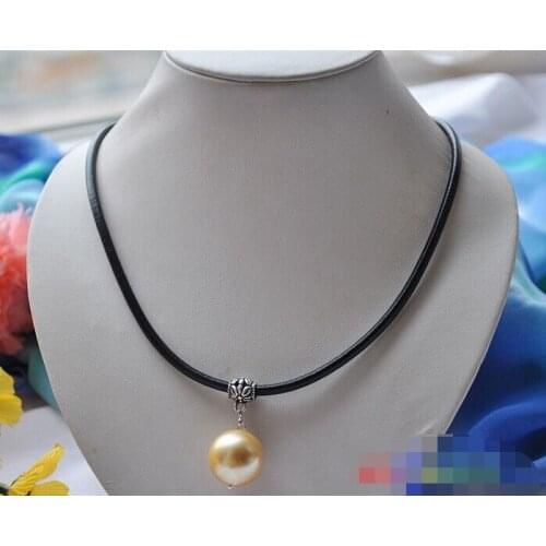 CB66 Beautiful 20mm golden south sea shell pearl pendant 18inch Leather Chain