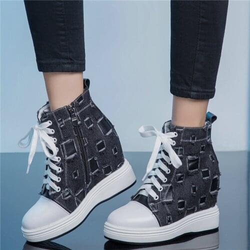 Winter Fashion Sneakers Women Lace Up Genuine Leather Wedges High Heel Vulcanized Shoes Female Canvas Round Toe Platform Oxfords
