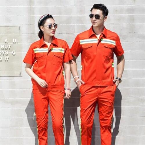 Summer Long Short Sleeve Work Clothing Men Women Work Uniform Suit Safety Reflective Strip Orange Auto Repair Porter Coveralls