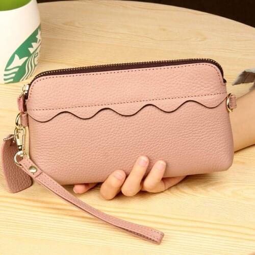 MJ Women Wristlet Clutch Long Wallet Genuine Leather Chain Crossbody Shoulder Bag Female Floral Purse Bags Cute Mobile Phone Bag