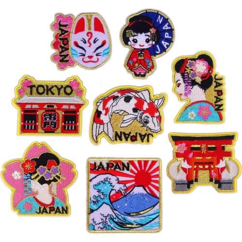 Fashionable Japanese style singer Tokyo ancient architecture embroidery patch Iron On DIY accessories on women and kids clothes