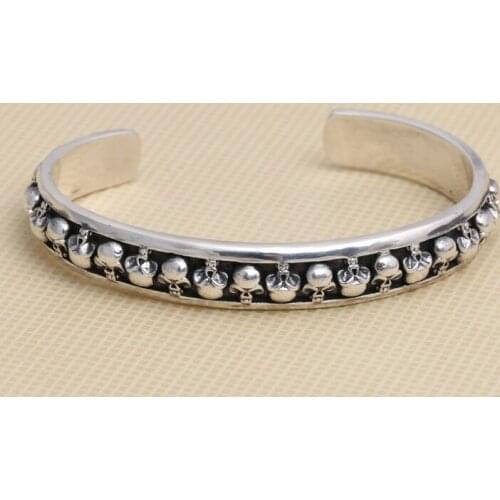 100% Solid Real Sterling Silver 925 Skull Cuff Bangle Bracelet Men Women Punk Style Antique Silver 925 Jewelry Free Box Gifts