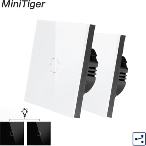 Minitiger 1 Gang 2 Way EU Standard Control Wall Touch Screen Switch,White Crystal Glass Panel,cross/through switch,2pcs/pack