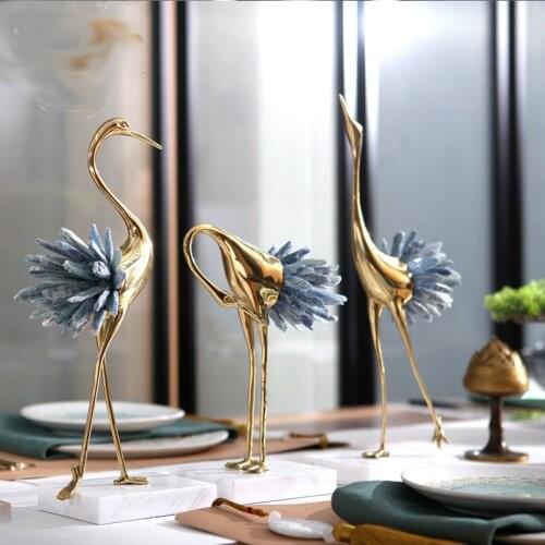 Luxurious Copper Flamingo Statue Sculpture With White Blue Crystal Tail Home Art Gift Figurines Home Decor Marble Accessories