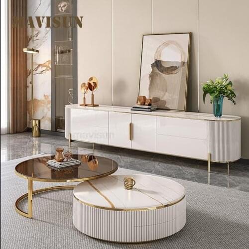Light Luxury Round Coffee Table Set Modern Minimalist Tempered Glass And Rock Board Coffee Table And TV Cabinet Combination
