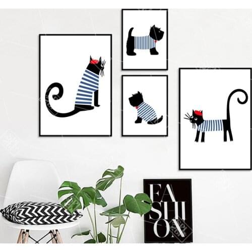 Scottish Dachshund And Cat Cute Cartoon Animal Canvas Painting Abstract Wall Art Picture for Kids Nursery Baby Room Decor Poster