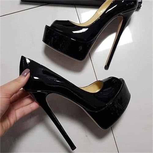 UVRCOS Peep Toe Platform Pumps Black Patent Leather High Heel Shoes Women Sexy Party Dress Shoes Red Nude White 35-44