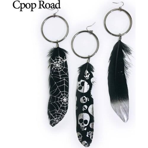 Cpop Vintage Halloween Feather Earrings Big Long Skull Circle Pendant Statement Earrings Women Jewelry Accessories Gift Hot Sale