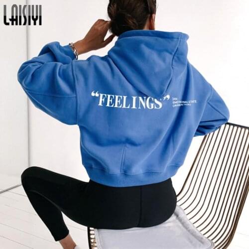 LAISIYI Letter Printed Crop Hooded Autumn Women Cotton Casual Sweatshirt Blue Purple Streetwear Basic Hoodies 2020 Fashion Top