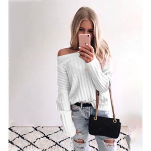 Womens Fashion One Off Shoulder Loose Sweater Knitted Casual 2020 New Autumn and Winter Sweater Basic Pure Color Pullover