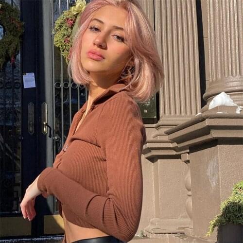 Streetwear Womens Sexy Zip Up Crop Tops Fashion Long Sleeve V Neck Solid Color Ruched Rib Knit T-Shirts Brown/Black