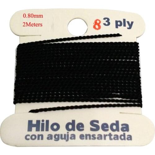 2M Long Dia 0.8mm 3 PLY Black 100% Natural Silk Beading Cord with Needle