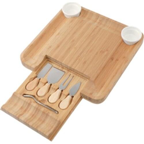 Bamboo Cheese Board Cutlery Knif Set With Slide Out Drawer 4 Knives Sets Cooking Tools Cheese Knife Cheese Slicer Fork Scoop Cut