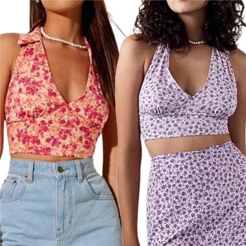 Womens Lapel Floral Print Tank Tops Sleeveless Halter Neck Slim Fit Camisole Summer Y2k Slim Crop Top Streetwear