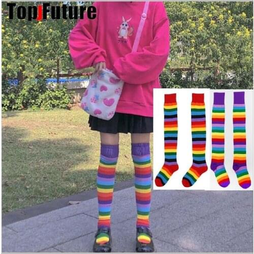 Cotton Elasticity Sweat Womens jk uniform Luxury Candy Color Rainbow Striped Sporty Meias Retro Harajuku long Socks stockings