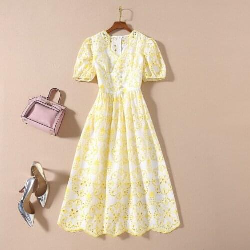 And American womens European dress 2021 summer new styles Short sleeve V neck hollowed out The embroidery Fashionable dress