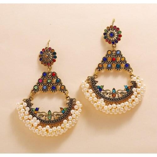 2020 Indian Gold Handmade Pearl Engraved Flower Colorful Rhinestone Thailand Piercing Earrings Statement Fashion Party Jewelry