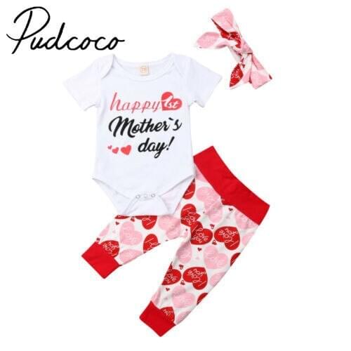 3pcs Usa Cotton Toddler Newborn Baby Boys Girl Outfit Romper+pants+headband Set Mothers Day