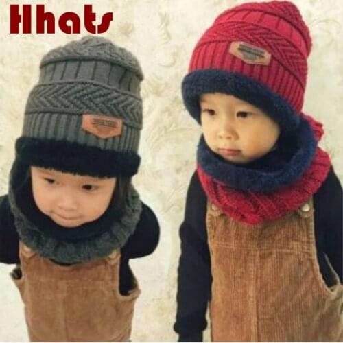 Family winter hat scarf set thick warm fleece lining knitted beanie ring set children girl boy ski skullies cap