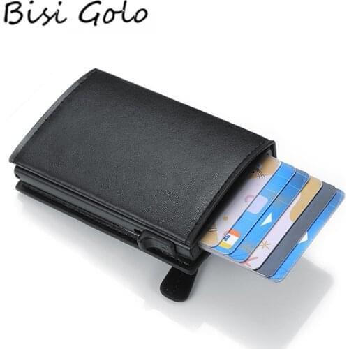 BISI GORO PU Leather Men Women Smart Wallet Automatic Fashion Coin Purse RFID Aluminum Box Anti-theft Card Holder Slim Card Case