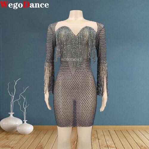 Fashion Fringe Dress Women Sexy Tassel Rhinestone Costume One-Piece Birthday Prom Mesh Dresses