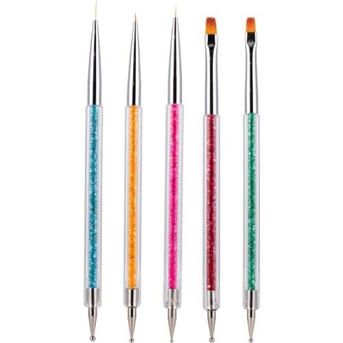 5Pcs Set UV Gel Painting Nail Art Dotting Pen Acrylic Handle Rhinestone Crystal 2 Way Brush Salon Decoration Manicure Tools Kit